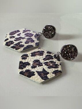 Round Druzy Top Leopard Print Hexagon Drop Earrings Creamy White & Brown Leather